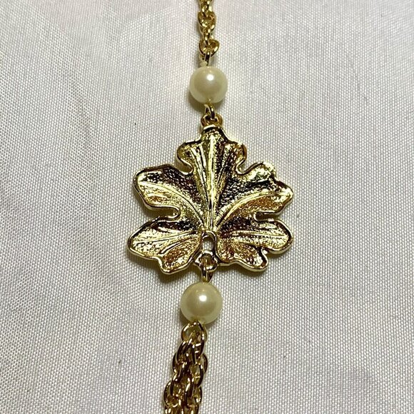 Gold Tone Leaf Faux Pearl Double Strand Necklace Layering Fall Autumn Vintage - Picture 3 of 4